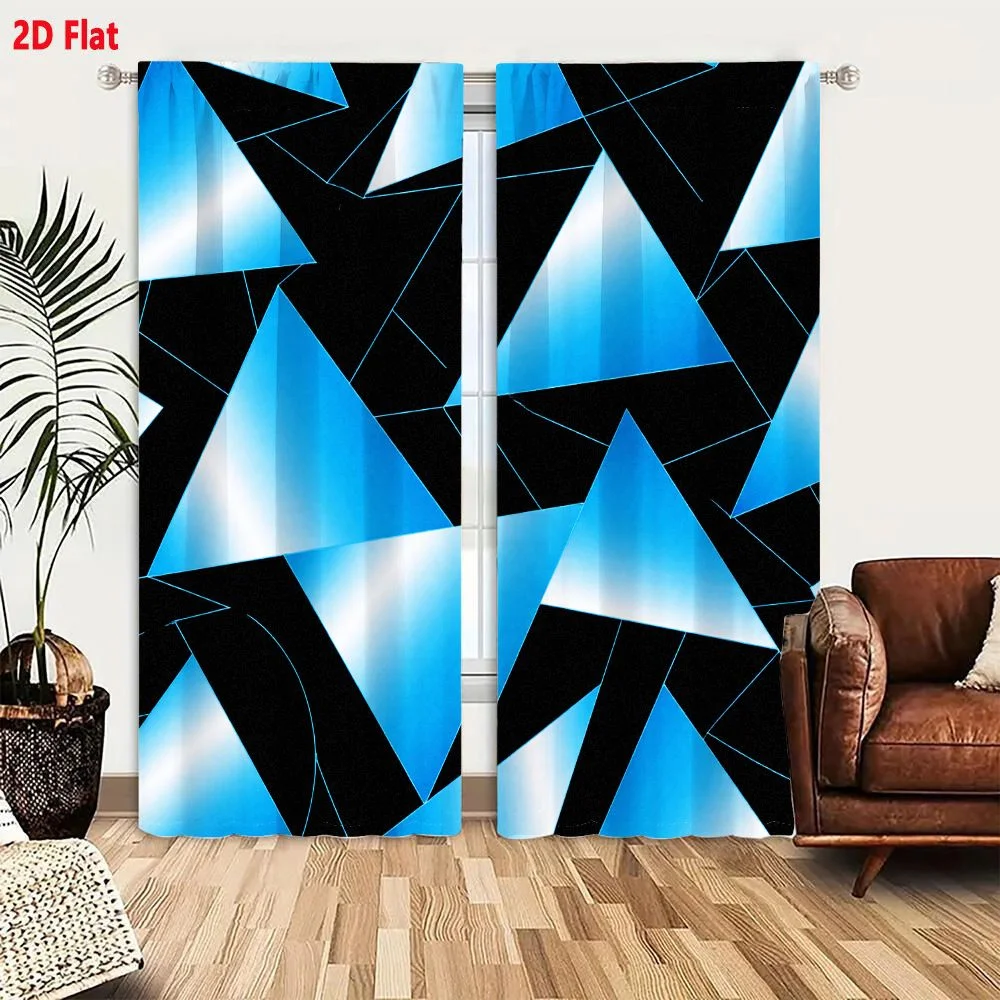 2Pcs Curtains 2D Flat Abstract Geometric Artwork With Overlapping Triangles In Bright Shiny Blue And Solid Black Dynamic Interlo