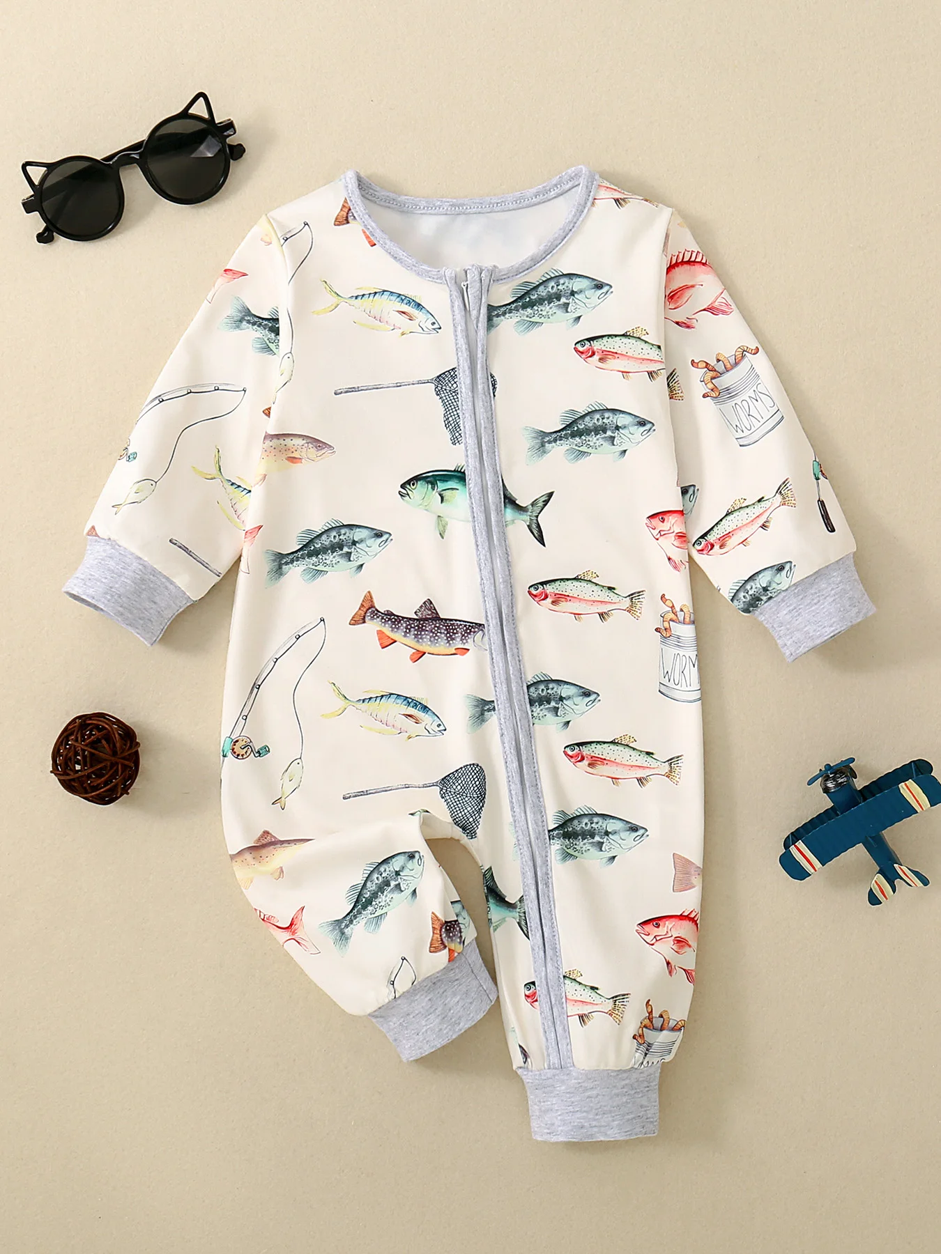 Baby Boy Fish Pattern Printed Long Sleeve Zipper Romper Onesie for Infants