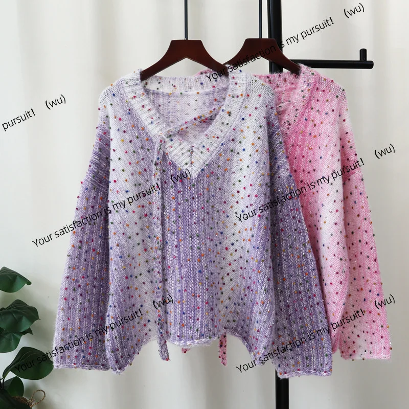 เสื้อสเวตเตอร์ถักลายจุดสีสันสดใส เนื้อผ้านุ่ม ประดับเลื่อมแบบแวววาว ทรงหลวมบางเบา เสื้อสวมหัวสำหรับผู้หญิง
