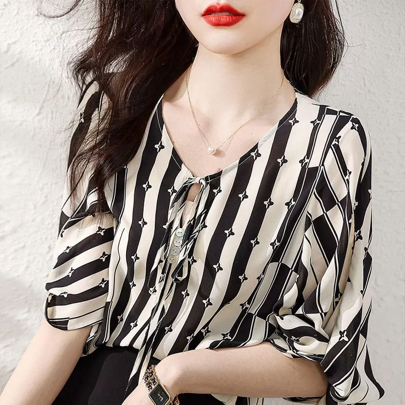 Office Lady Fashion Printed Striped Shirt Casual Loose Drawstring Summer Half Sleeve Female Clothing V-Neck Button Korean Blouse