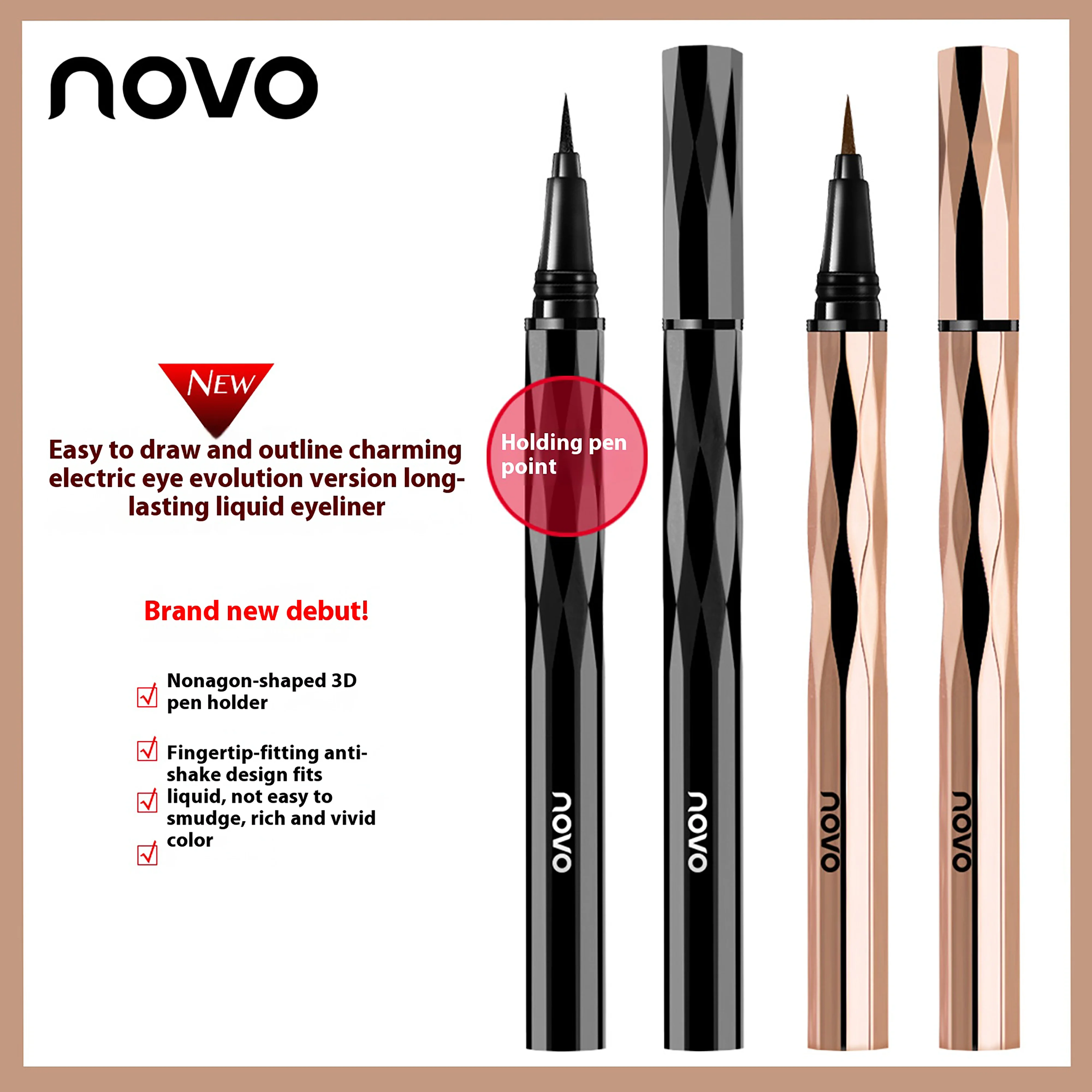 قلم كحل NOVO مقاوم للماء والعرق مع تركيبة ملونة سريعة التي يبقى ولا يتلطخ. #1