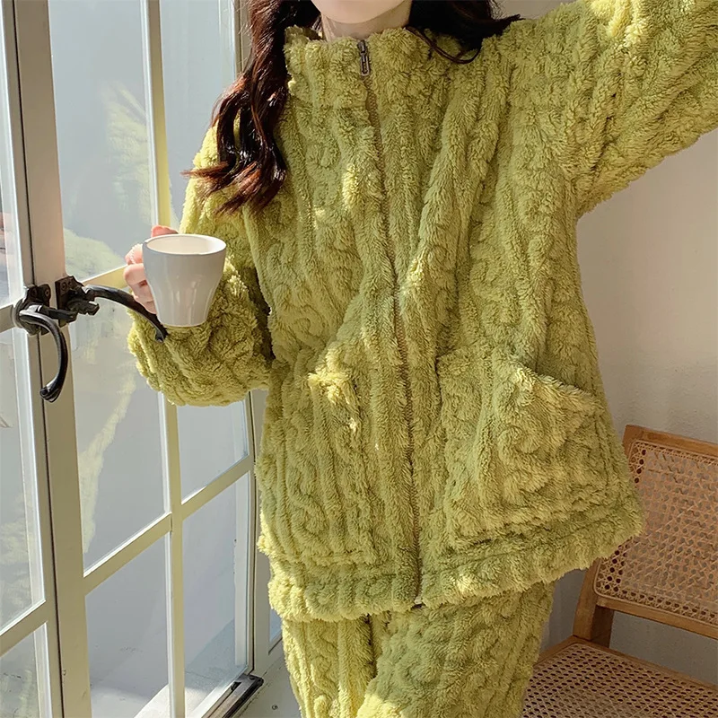 PLUS SIZE Jacquard Flannel Pajamas Set Sleepwear Autumn Winter Coral Fleece Loungewear Trouser Suits Loose Women Home Clothes