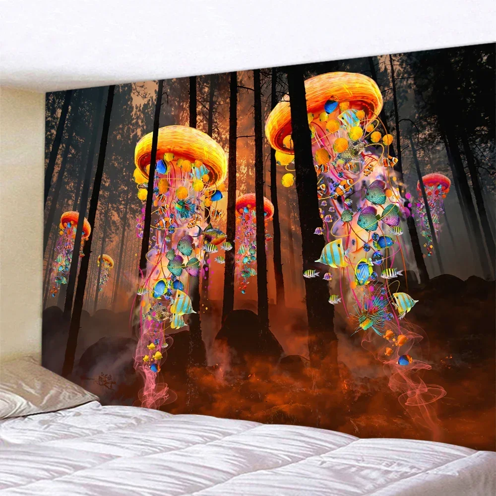 Mushroom God Deer Psychedelic Scene Home Decoration Art Tapestry Bohemian Decoration Yoga Mat Hippie Background Wall Sheets