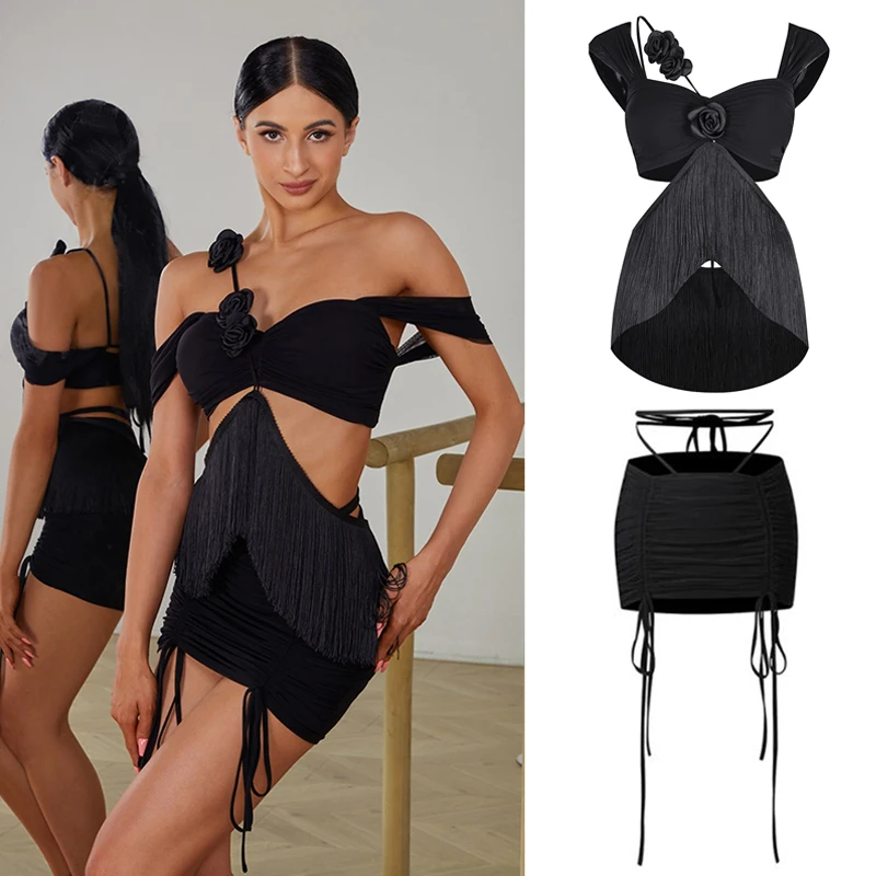 Adults Chacha Latin Dance Competition Costume Sexy Cutout Tassels Top Drawstring Skirt Women'S Latin Dance Clothing SL9833