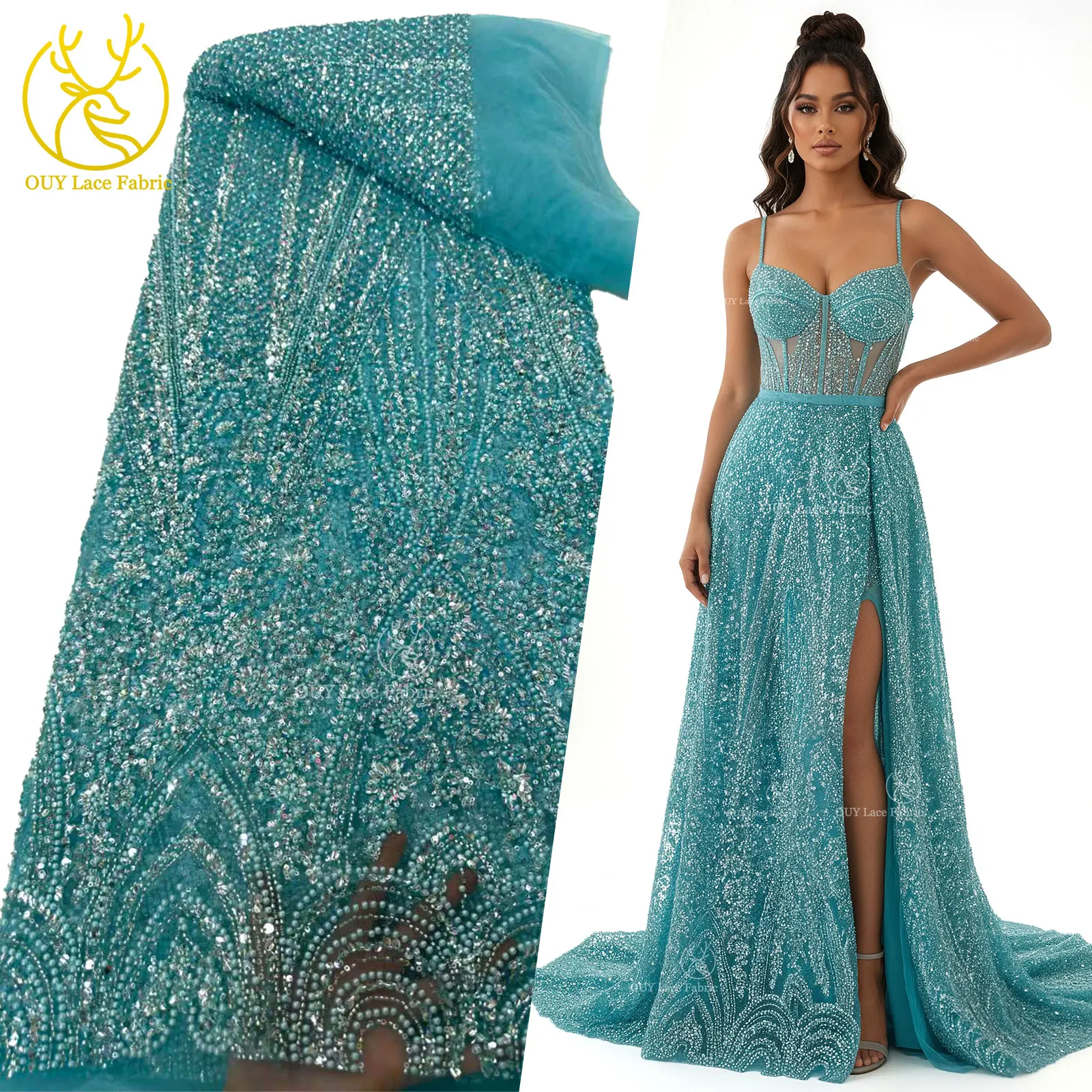 Meeresblau 2025, neuer afrikanischer handgefertigter Perlen-Pailletten-Spitzenstoff, französisch-nigerischer Tüll-Spitzenstoff, geeignet zum Nähen von Abendkleidern