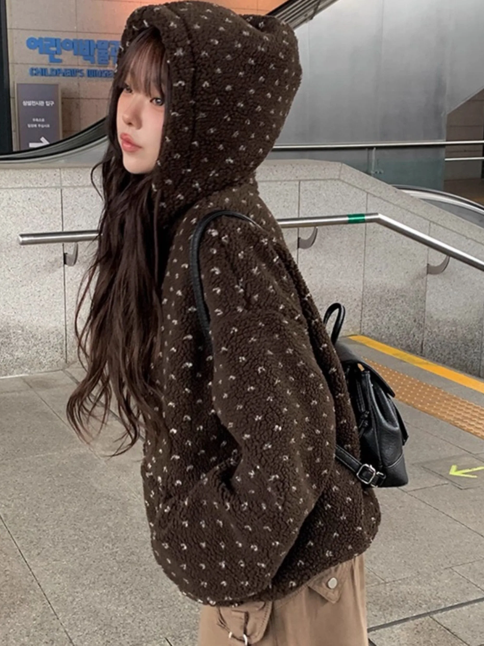 

Winter Top Korean Sle Casual Versatile Adorable Outerwear Chic Fce Lined Hooded Jaet Women's Loose Cute Heart Pattern