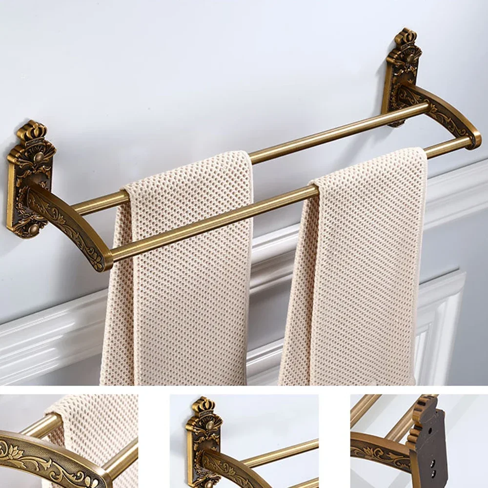 Towel Rack Bath Cloth Holder Antique Copper Gold Aluminum Storage Rail Rod Double Bars Active Shelf Bathroom Hardware Accessory