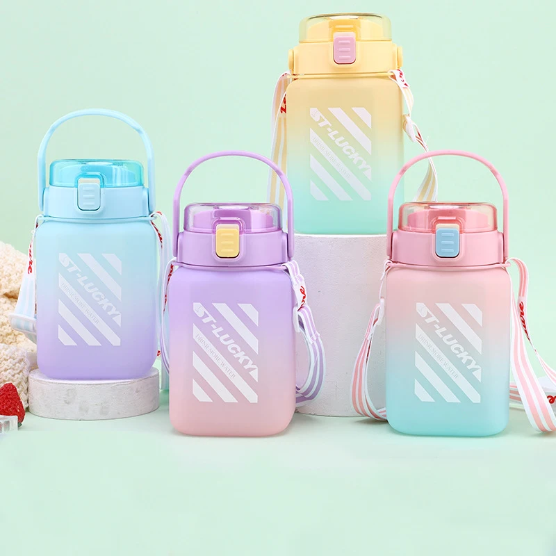 

1.2L Large Capacity Water Bottle Straw Cup Candy Color Plastic Water Cup Time Scale Frosted Outdoor Sports Student Couple Cup