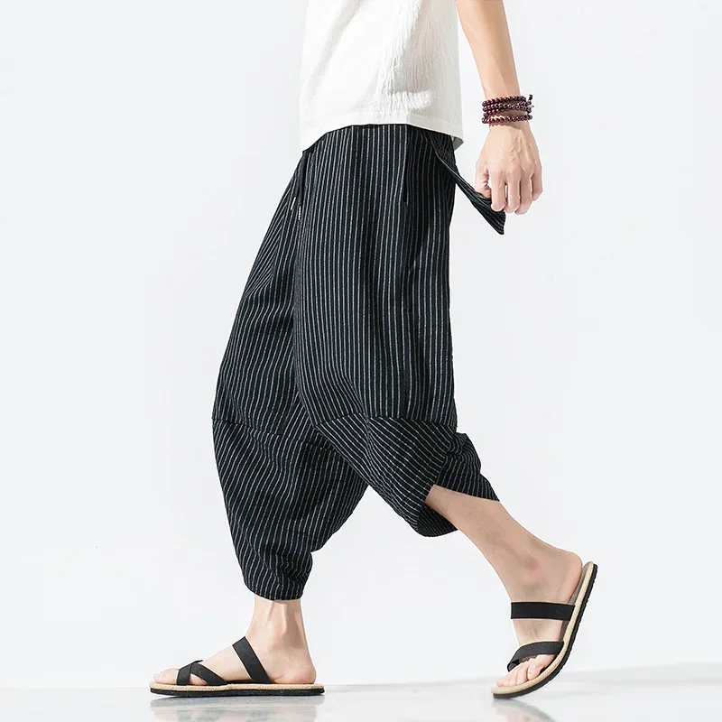 

Cotton Linen Harem Pants Men Elastic Waist Striped Streetwear Joggers 2023 New Baggy Drop-crotch Pants Casual Trousers Men