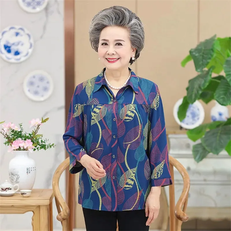 Middle Aged Elderly Women Blouses Spring Summer Cotton Silk Shirts Grandma Blouse 60-70 Year Old People Blaus Linen Cardigan Top