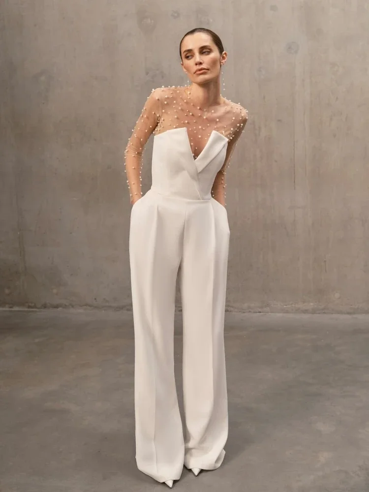 

Sexy Mesh Pearl Beaded Long Sleeves Bodysuits+Strapless Jumpsuit Two piece Sets Women White Jumpsuit Suits Evening Runway Sets