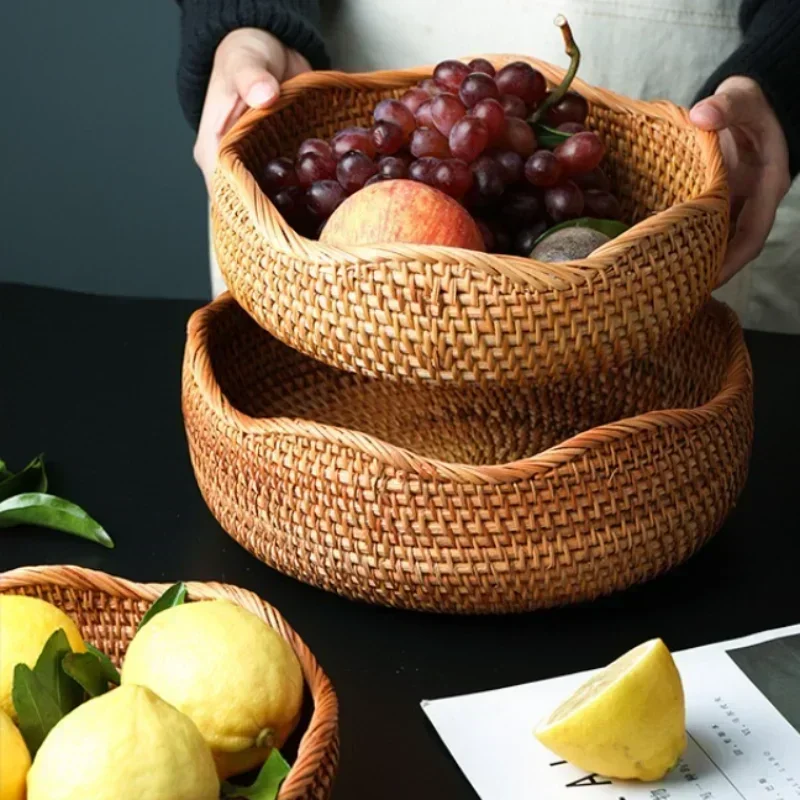 

Handwoven Storage Basket Rattan Storage Tray Wicker BasketBread Fruit Breakfast Tea Picnic basket Kitchen StorageBasket