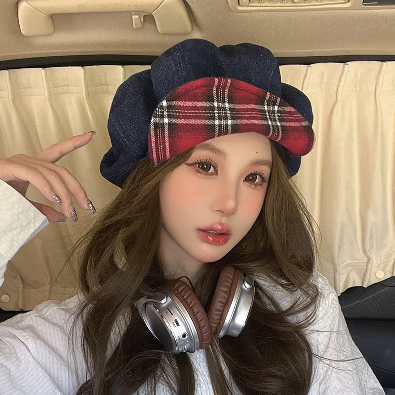 

Women's Cute Hat Fashion Goth Hat Korean Version Hat Girl Chunqiu's New Denim Beret Cloud Hat Retro Octagonal Hat Sweet Style