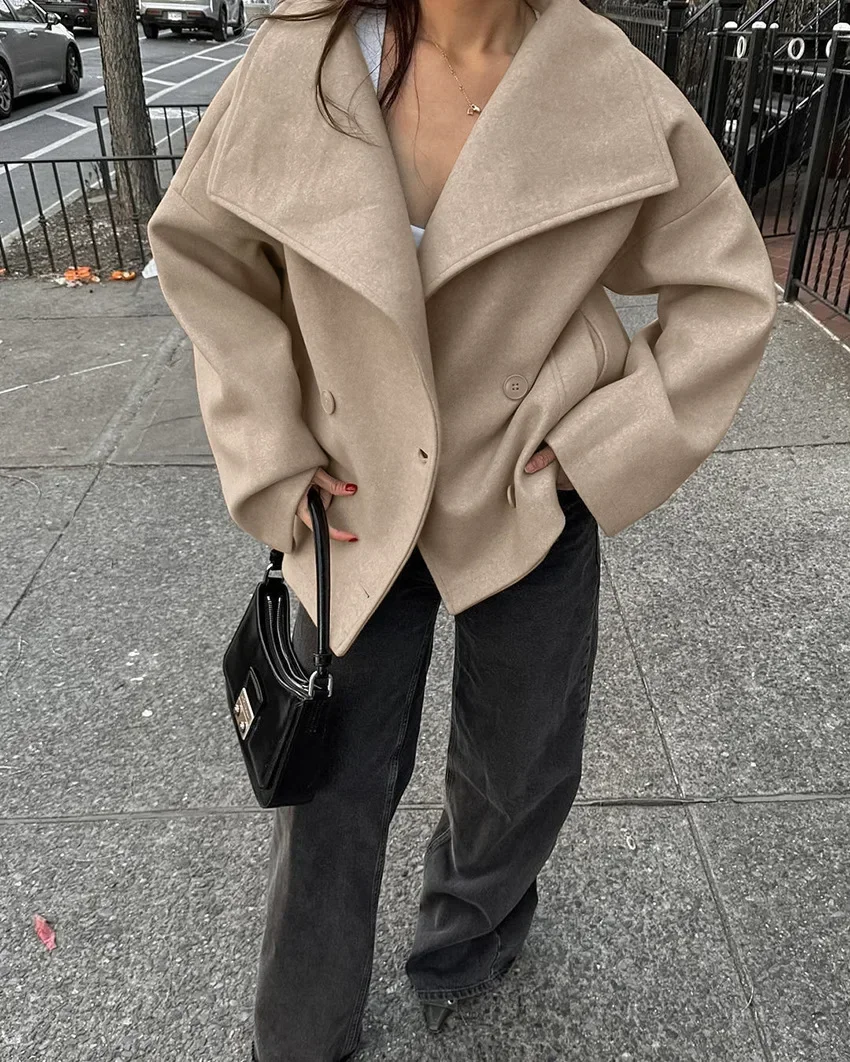 

2026 Women Solid Color Double Breasted Short Jacket Unique Lapel V-neck Pocket Loose Jacket Casual Daily Highstreet Outerwear