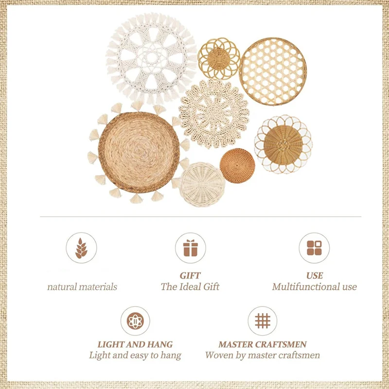 

【Flash Deal】Wall Hanging Flat Woven Boho Basket Decor 8 Pack Round Tassels White Macrame Tapestry Art