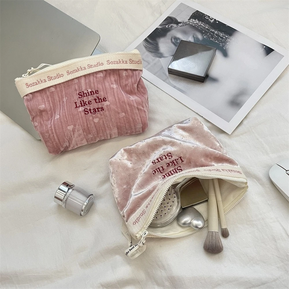 Velvet Makeup Bag for Women Travel Small Cosmetic Bags Embroidered Storage Pouch