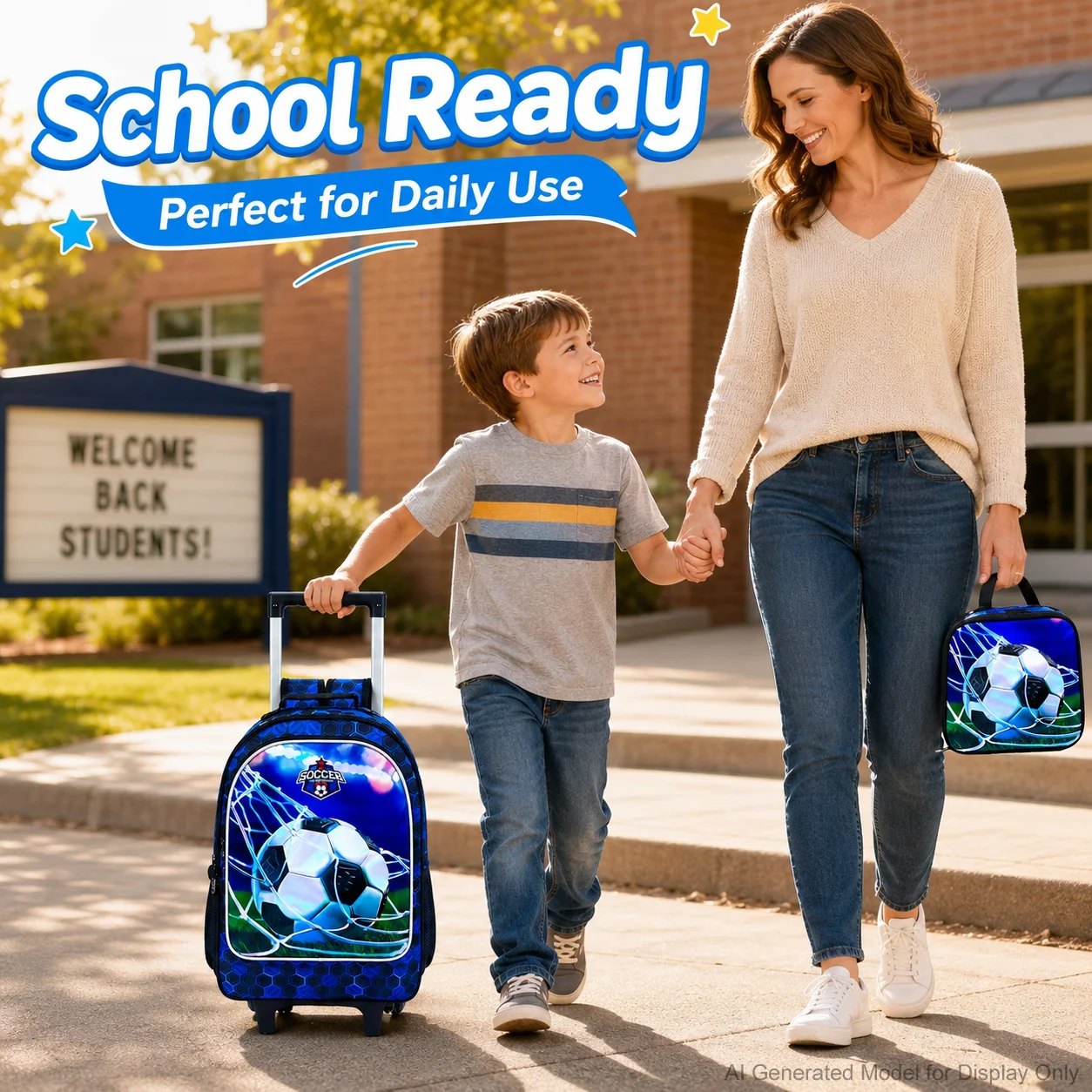 3Pcs Boys Soccer Rolling Backpack Set Football Print Trolley School Bag with Handbag Pencil Case for Kids School Travel