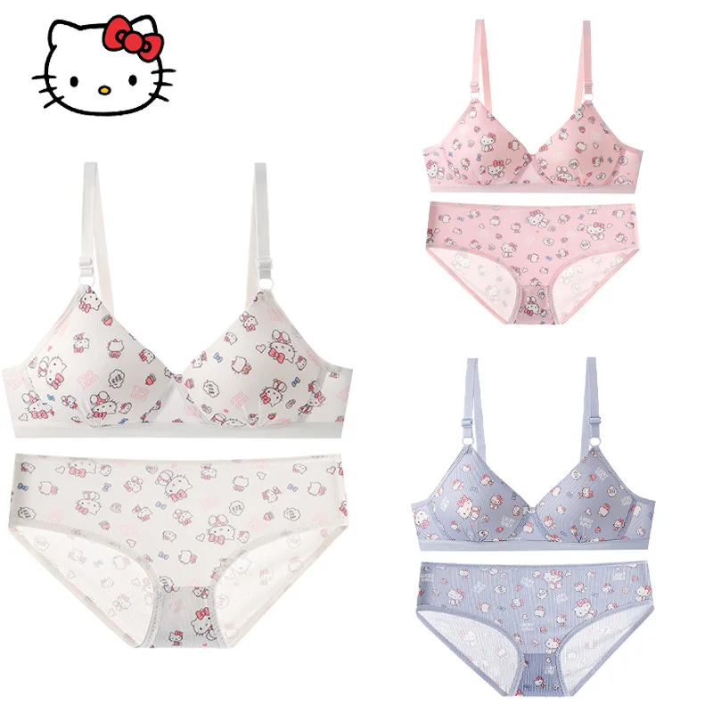 

Kawaii Hello Kitty Underwear Anime Sanrio Sexy Bra Girls Cartoon Comfortable Ventilation Gathered Bra Underwear Panty Bikini Set