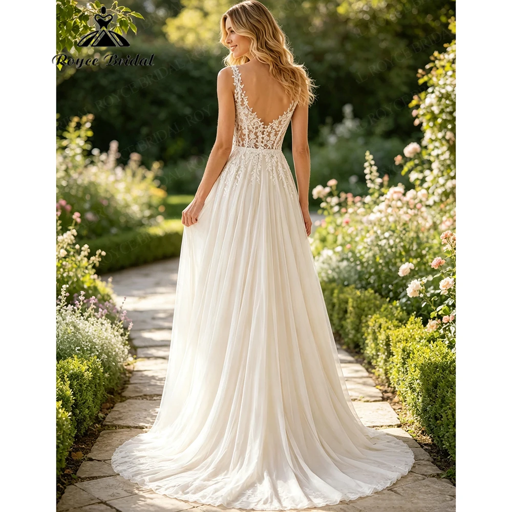 Classic Applique Deep V Neck Elegant A Line Wedding Dresses 2027 Flowers Lace Beach Bridal Gown Customized vestido de novia