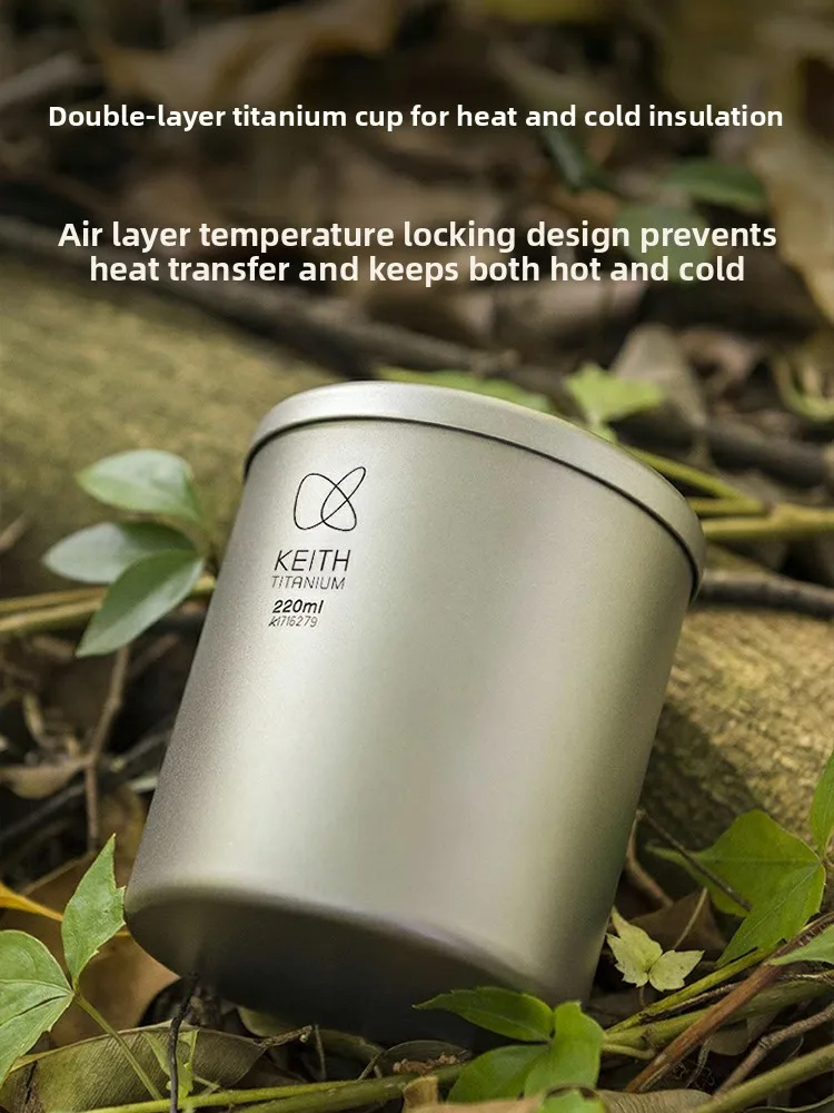 Copo Portátil de Titânio Puro KEITH com Alça, Camada Dupla, Leve, para Viagens, Passeios ao Ar Livre, Picnics e Garrafa de Água