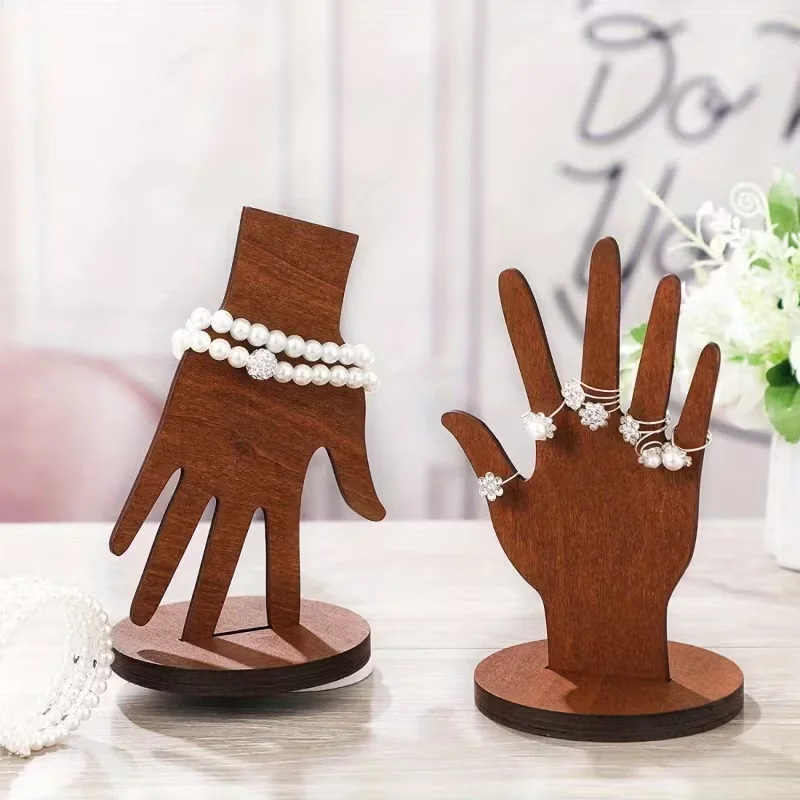 Wooden Hand Form Jewelry Display Set - 2-Way Design for Wall Hanging or Standalone Mannequin Finger Hand Display, Brown Color