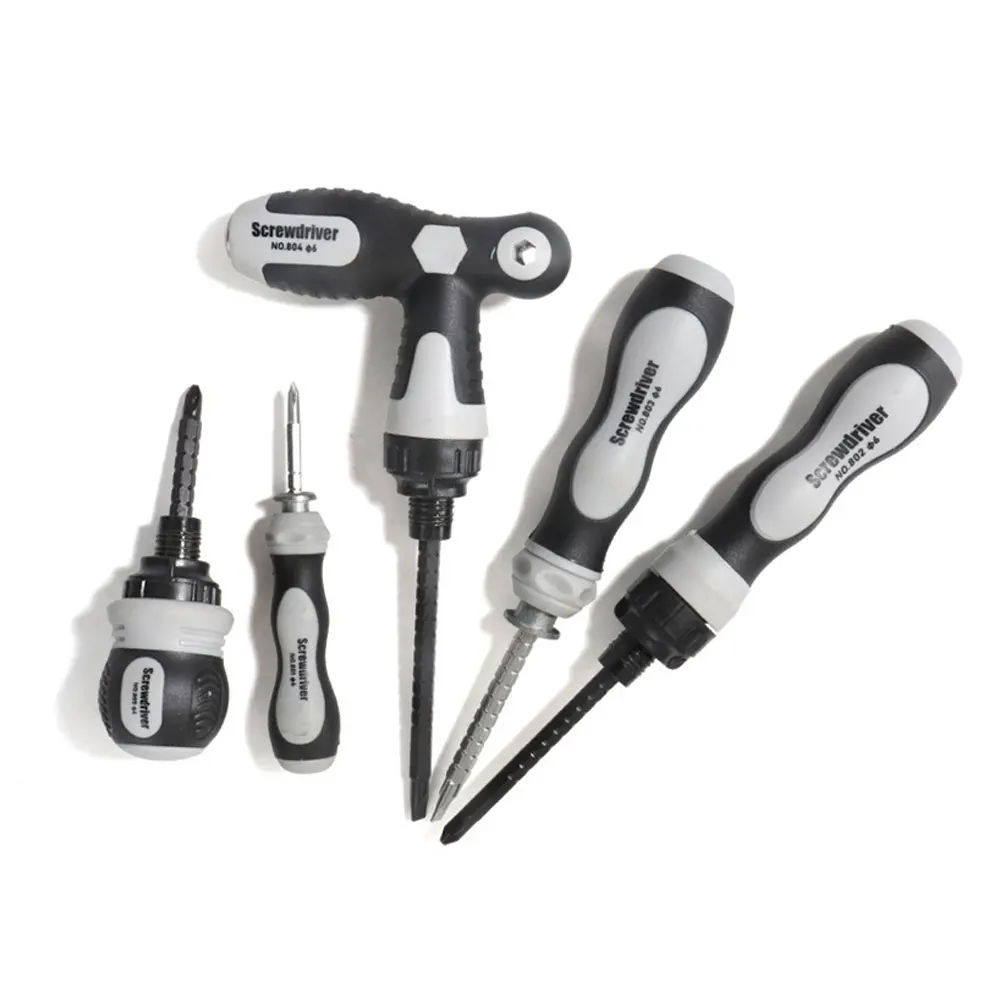 5PCS Ratchet Screwdriver Set Black‑Grey Handles with T‑Grip Double Ended Blades PH2 Canvas Zipper Storage Bag for Daily Work