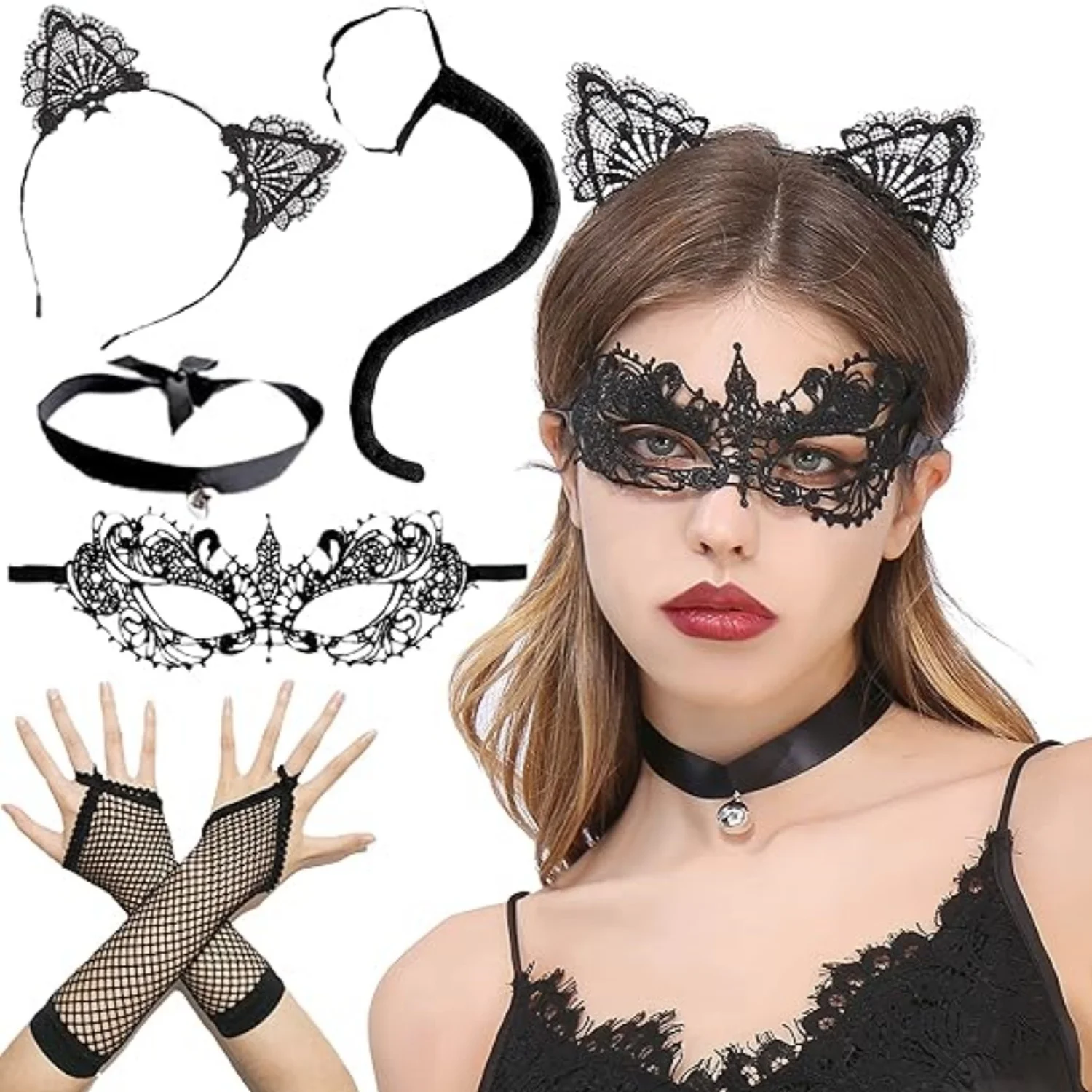 Laventy Sexy Cat Lace Mask Gothic Cat Choker Lace Cat Ears Headband Masquerade Mask For Women Mask Prom Carnival Party Mask