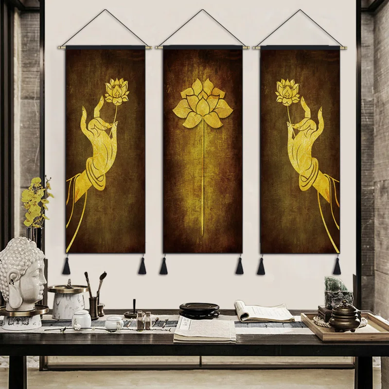 New Chinese Style Bergamot Lotus Fabric Hanging Painting Bedroom Tapestry Decorative Painting Hanging Cloth Wall Covering