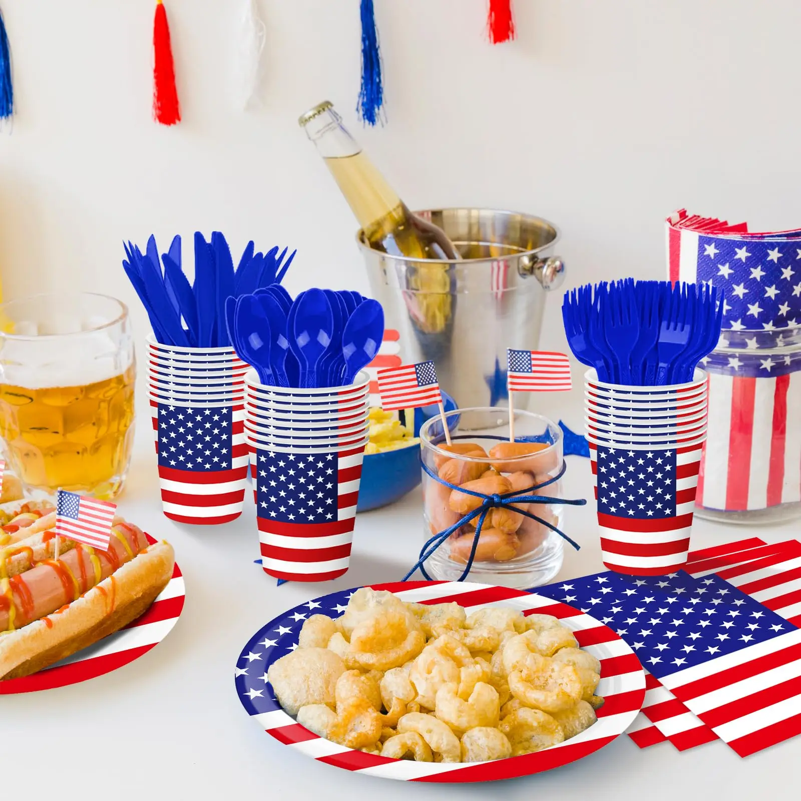 Partyzubehör zum Unabhängigkeitstag, amerikanische Flagge, Geschirr, USA-Teller, Tassen, Servietten, Gabeln, Löffel für Party-Dekoration zum 4. Juli, USA – Detail 4