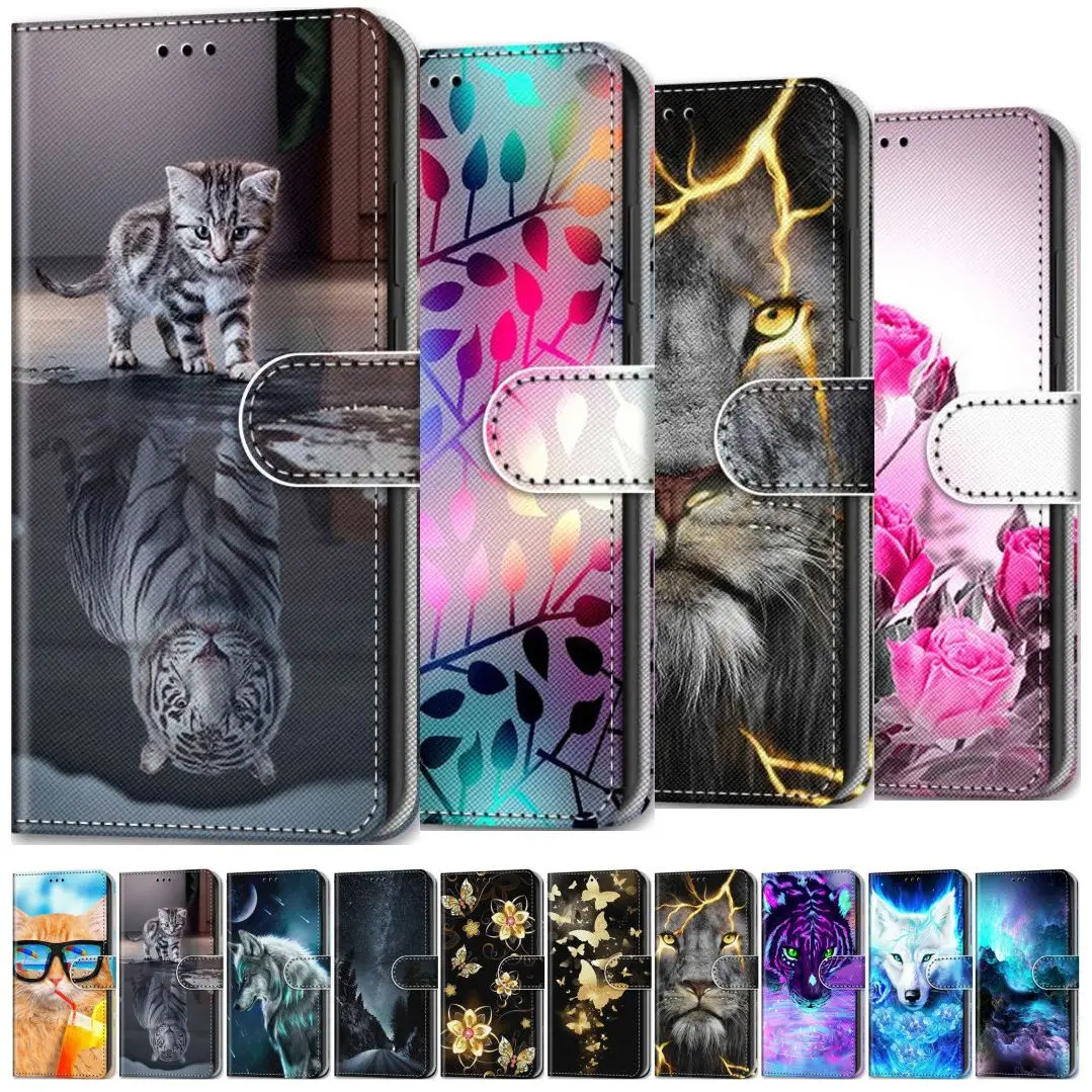 Cute Floral Wolf Tiger Cat Kids Holster Case For Apple iPhone 6 6S 7 8 13 12 Mini 11 Pro Max X XS XR SE 2020 Wallet Cover D08F