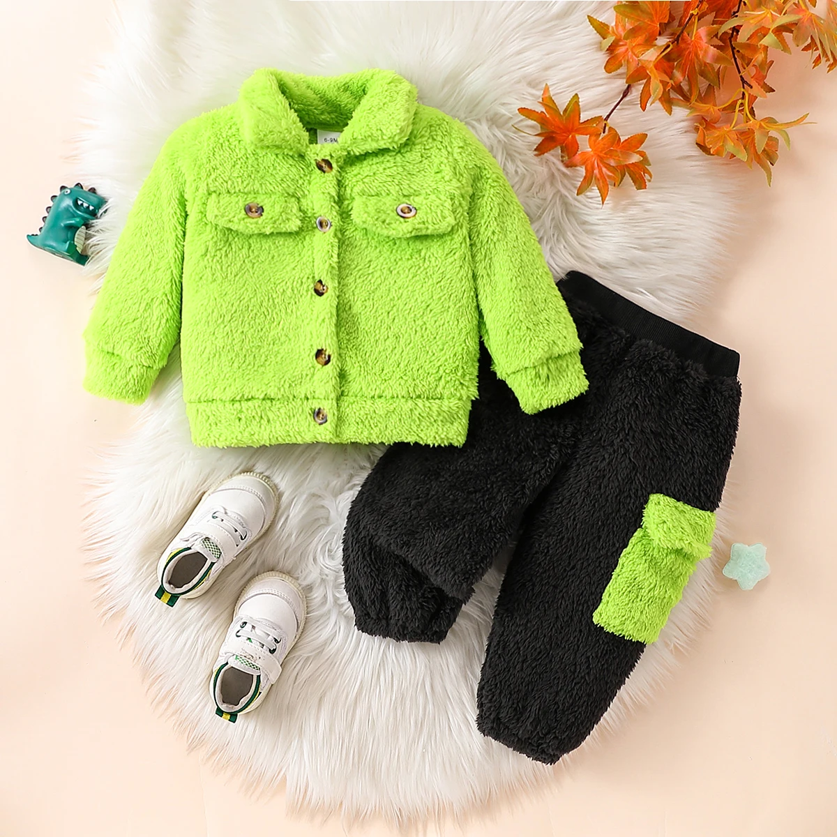 Baby Girls 2-Piece Plush Set with Warm Collar Long-Sleeved Jacket And Pants Fashionable Autumn Winter Clothing for Toddlers
