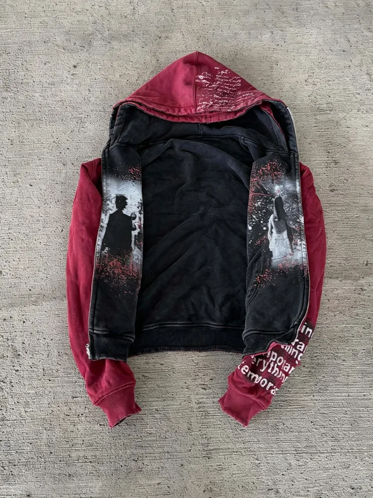 Long sleeved stand up collar zipper national flag print y2k hoodie loose hoodie jacket retro trendy street wear high street