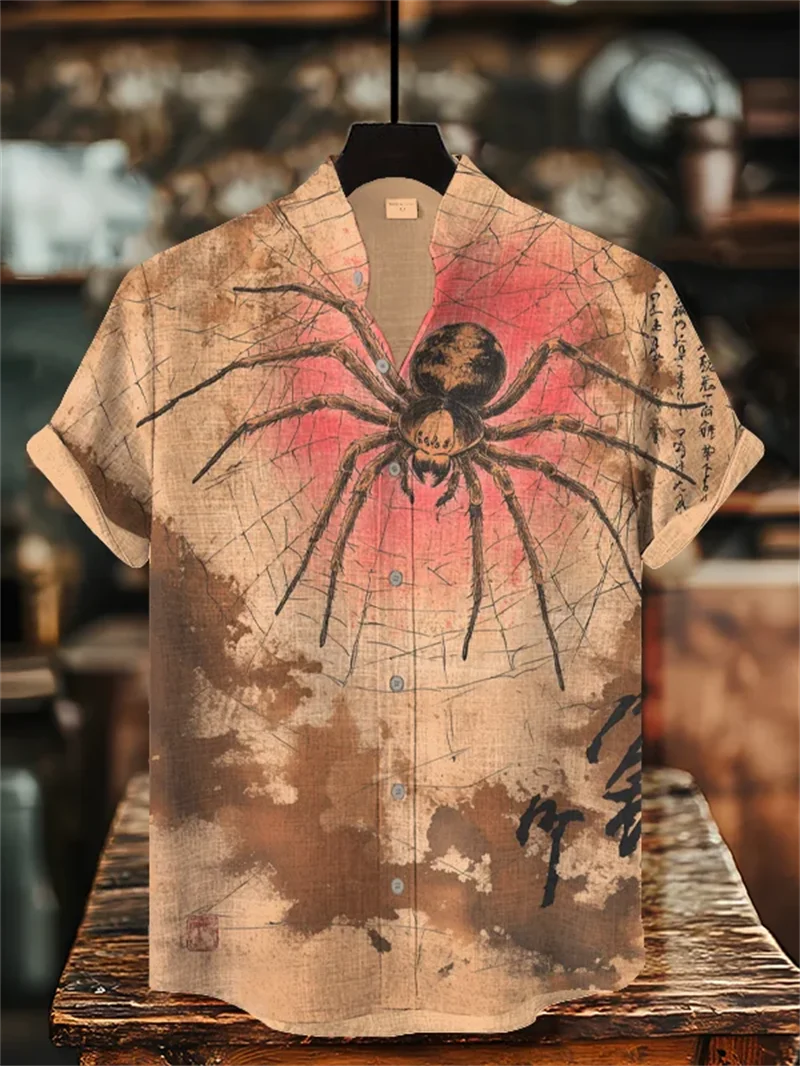 

3D cartoon fish school print men's short sleeved shirt linen playful casual style lapel shirt clothing