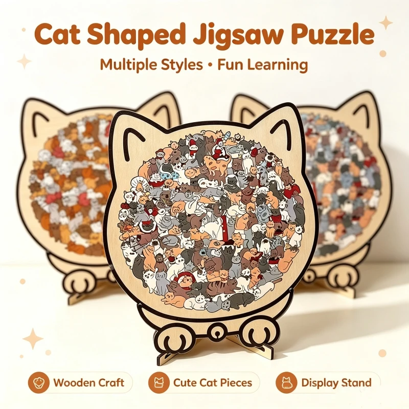 135Pcs Cat Wooden Puzzle, Unique Irregular Shape Pieces, Wooden Jigsaw Puzzle for Adults, Gift for Cat Lovers