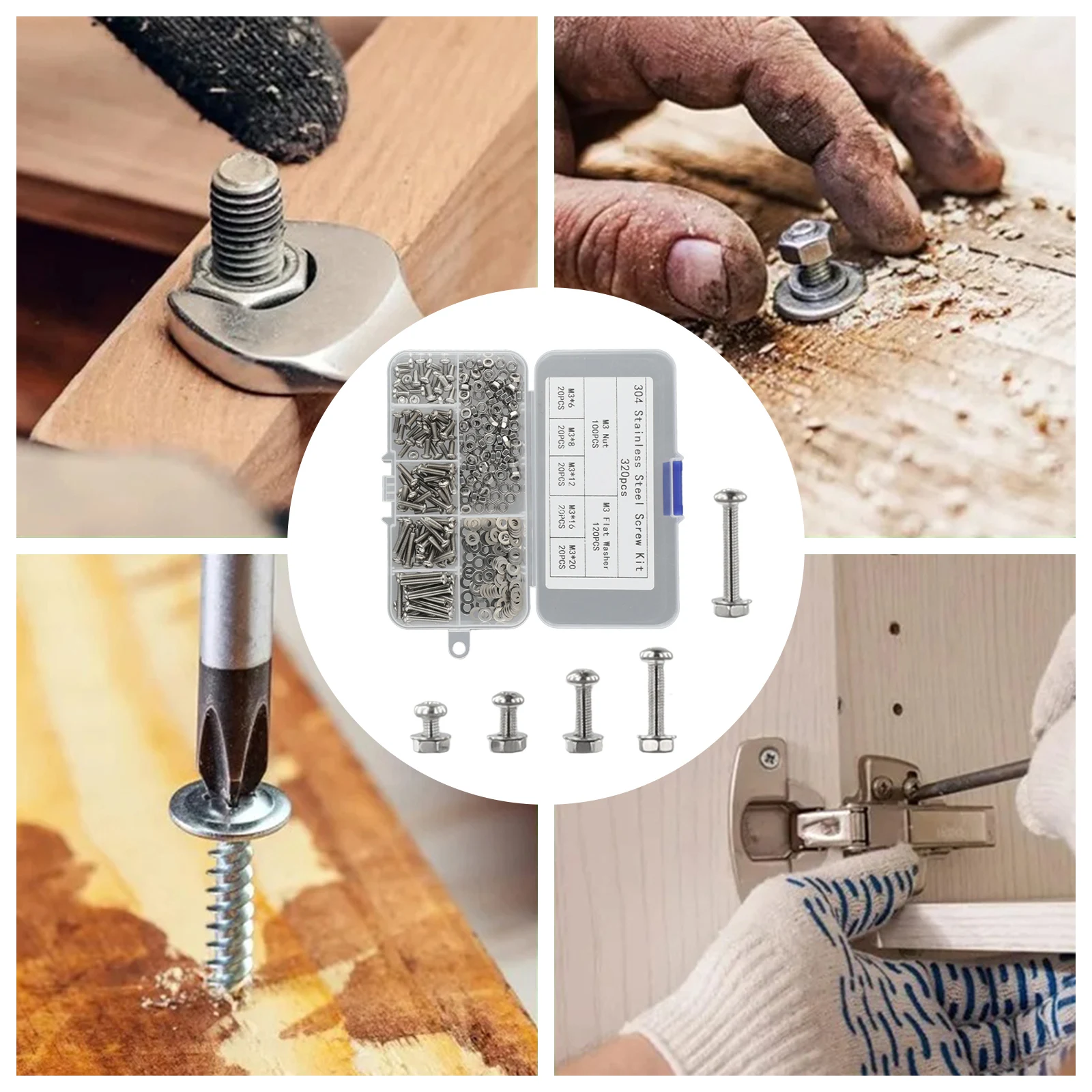320pcs 6-20mm Screws Bolt Nuts Set Stainless Steel Hexagon Screws Bolt Nuts With Washer Assortment Kit DIY Repair Tool