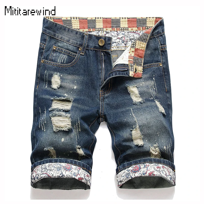 

Summer Shorts for Men Hip Hop Causal Short Ripped Jeans Straight Knee Length Trousers High Street Youth Fashion Blue Denim Pants