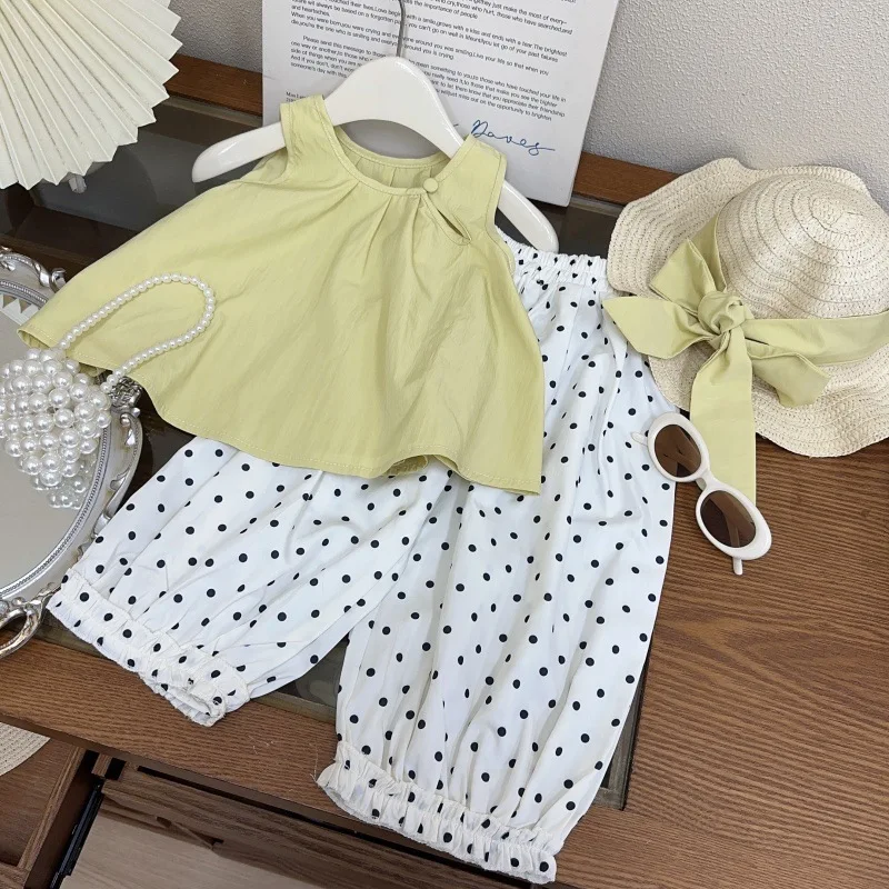

Children's Outfit New Summer Girls' Fashion Casual Top+Polka Dot Lantern Pants Two-Piece Set with Hat