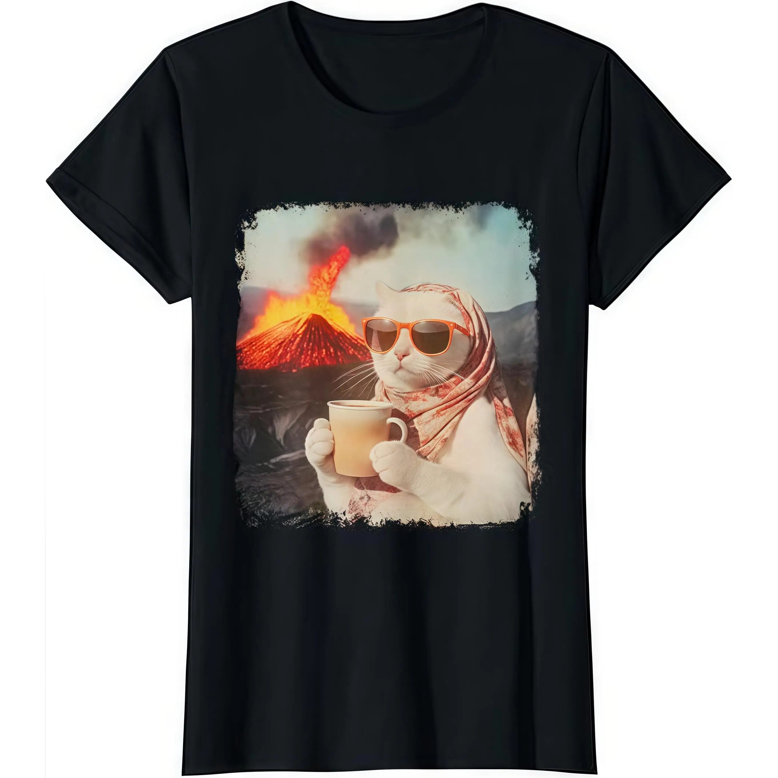 

"Retro Absurdist Cat T - Shirt: Showcasing A Scarfed Cat Enjoying Coffee During A Volcano Eruption"
