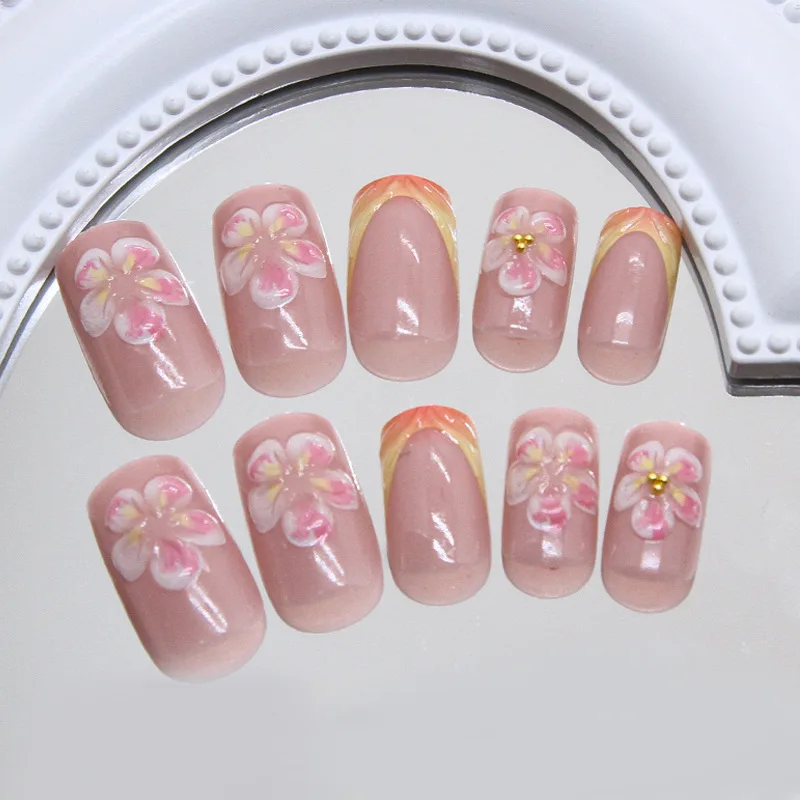 24pcs Blush Gradient French False Nails 3D Flower Stripes Decor y2k Press On Acyrlic Nails Short Ballet Ins Fake Nails Wearable