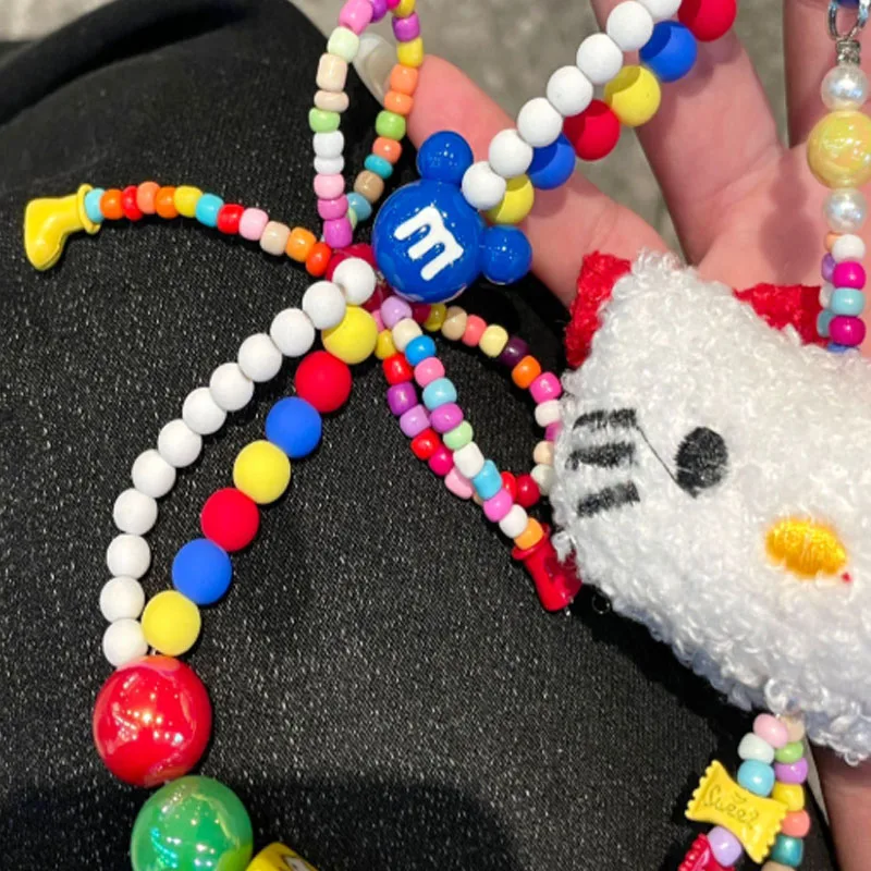 2025 Cartoon Kawaii Sanrio Hello Kitty Keychain Couple Backpack Pendant Children's Anime Plush Toy Beaded Pendant Holiday Gift