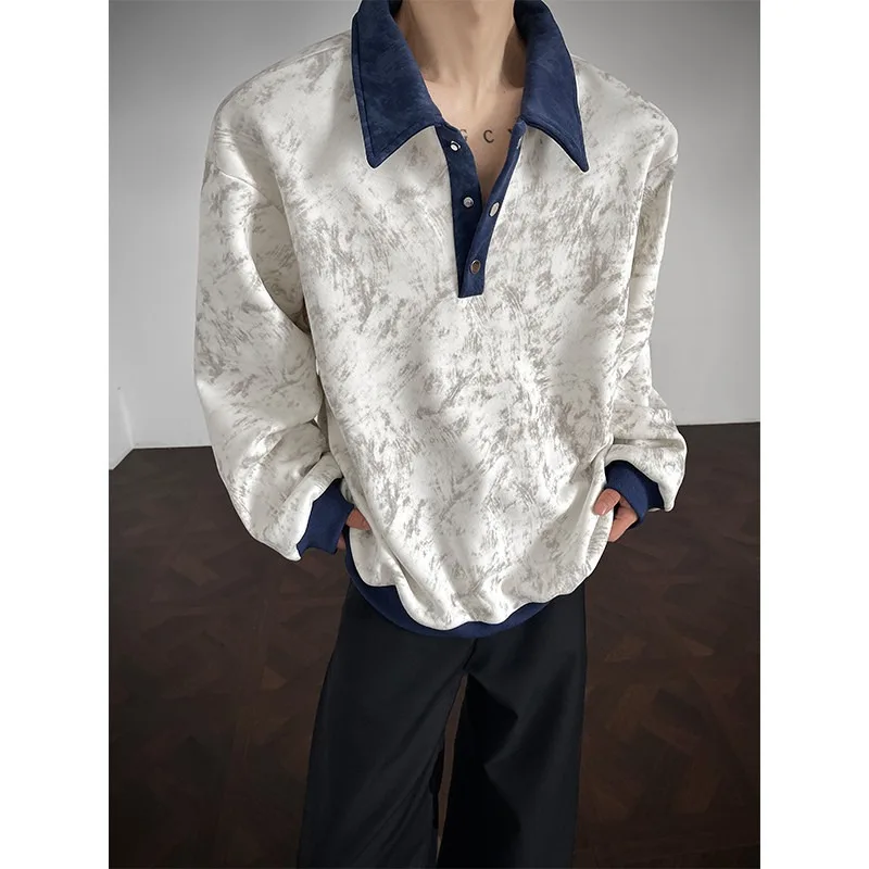Men American Style Tie Dye Polo Sweatshirt Color Block Heavyweight Loose Casual Top