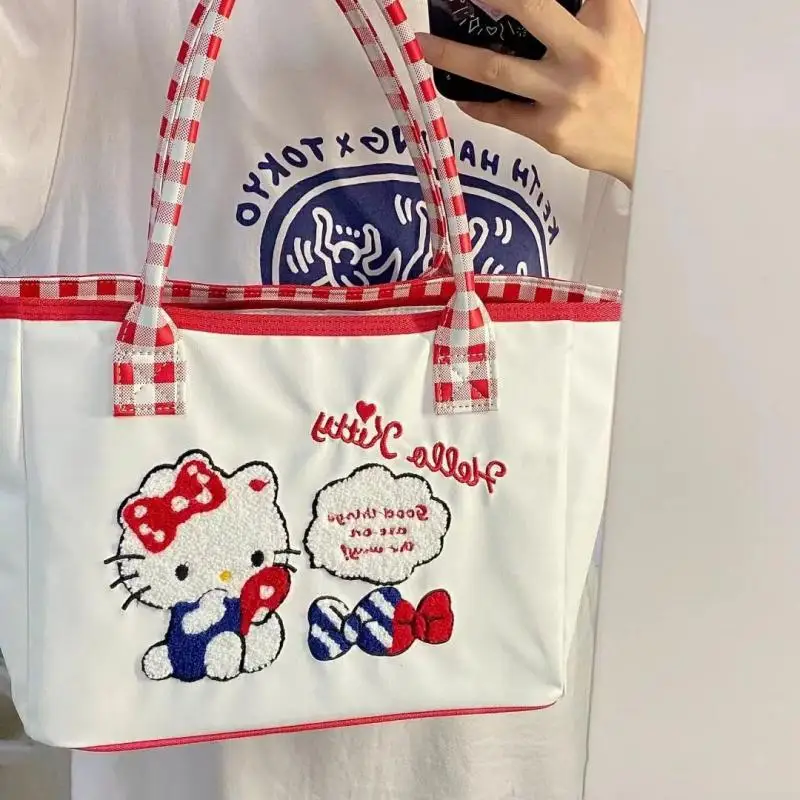 Hello Kitty Girl Tote Bag New Embroidery Sweet Student Bag Fashion Cartoon Large Capacity One Shoulder Handbag Kawaii Armpit Bag