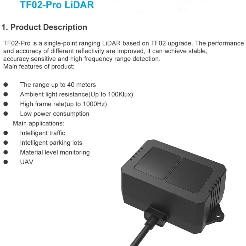 TF02 Pro TOF Lidar Range Finder Sensor Module 40m LED Rangefinder Single Point Ranging Laser Detector UART I2C IP65