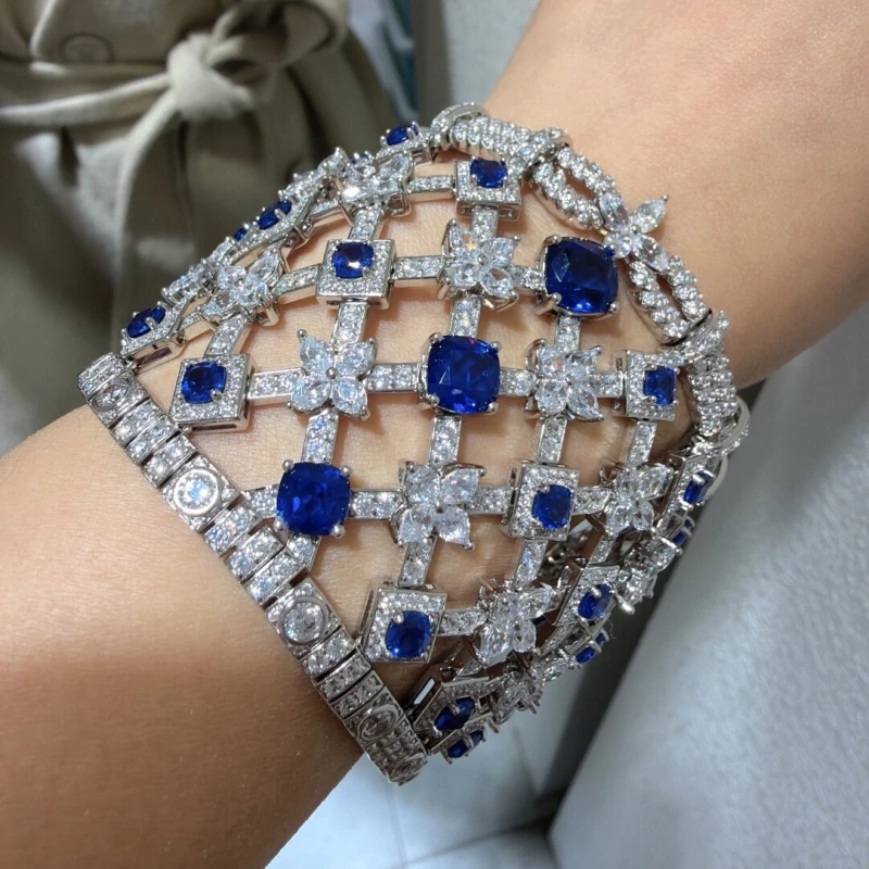 Bellux Fine Jewelry Luxury 925 Silver Full Diamond Blue and White Gemstone Synthetic Zircon Bracelet Hollow out Elegant Bracelet