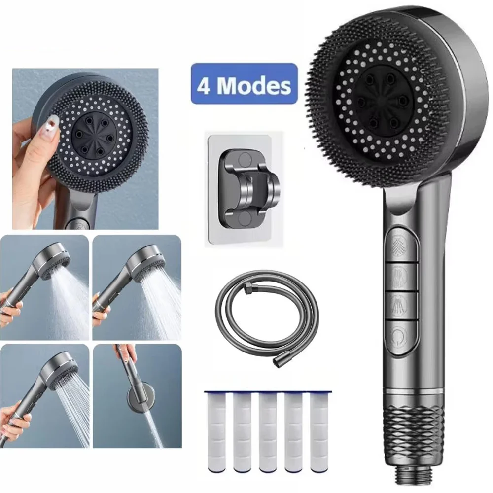 

New 4 Speed Strong Pressurized Shower Head Pushbutton Shifter Spray with Massage Brush Filter Shower Faucet Bathroom Accessories