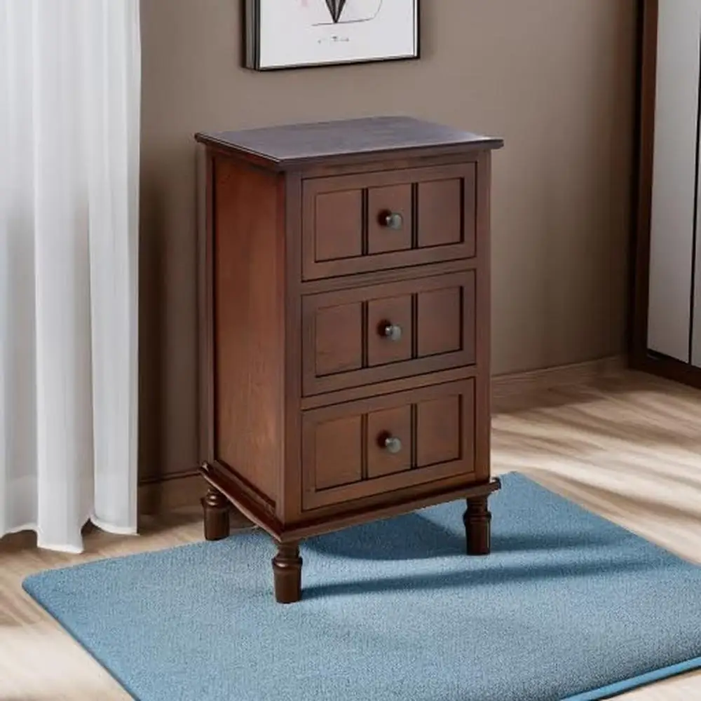 End Table with Three Drawers Elegant Walnut Finish Solid Wood and MDF Construction 11.8"D x 15.75"W x 26"H Transitional Style