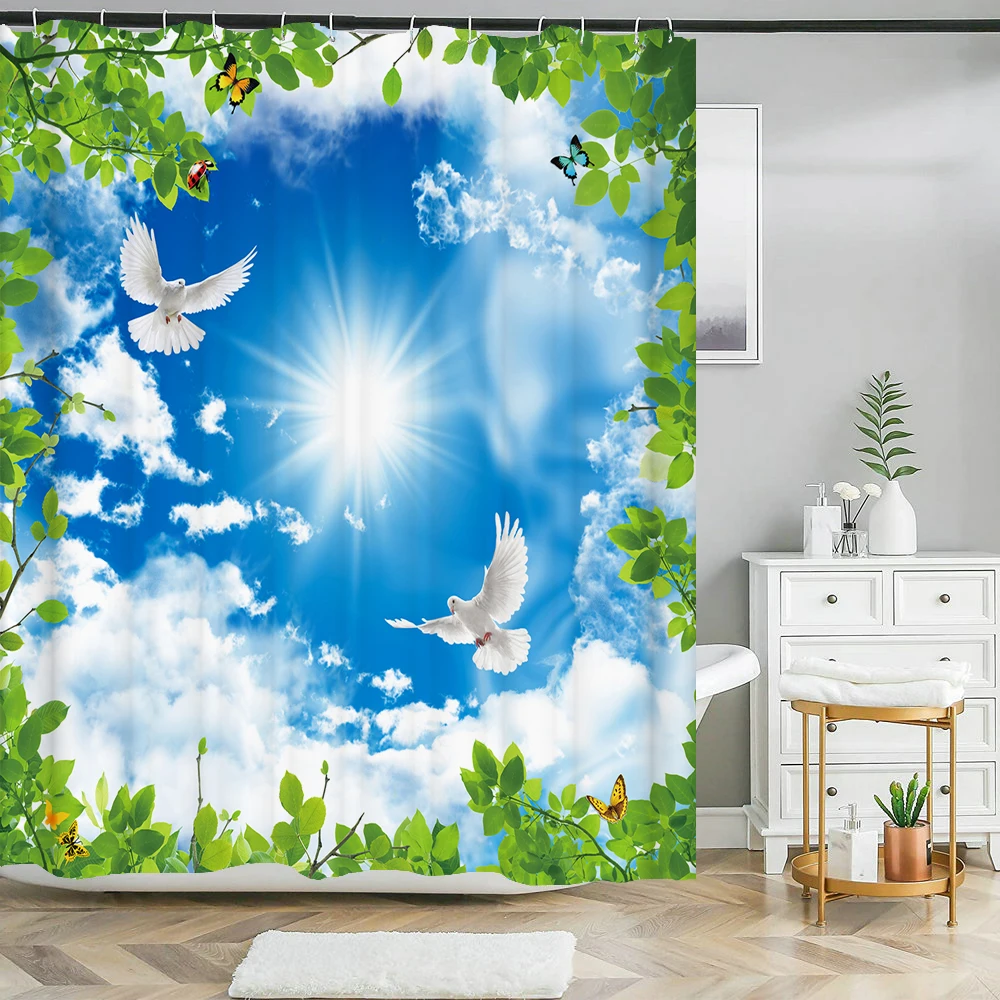 Spring Green Plant Blue Sky and White Cloud Shower Curtain Scenery Print Waterproof Polyester Home Bathroom Curtain with Hooks