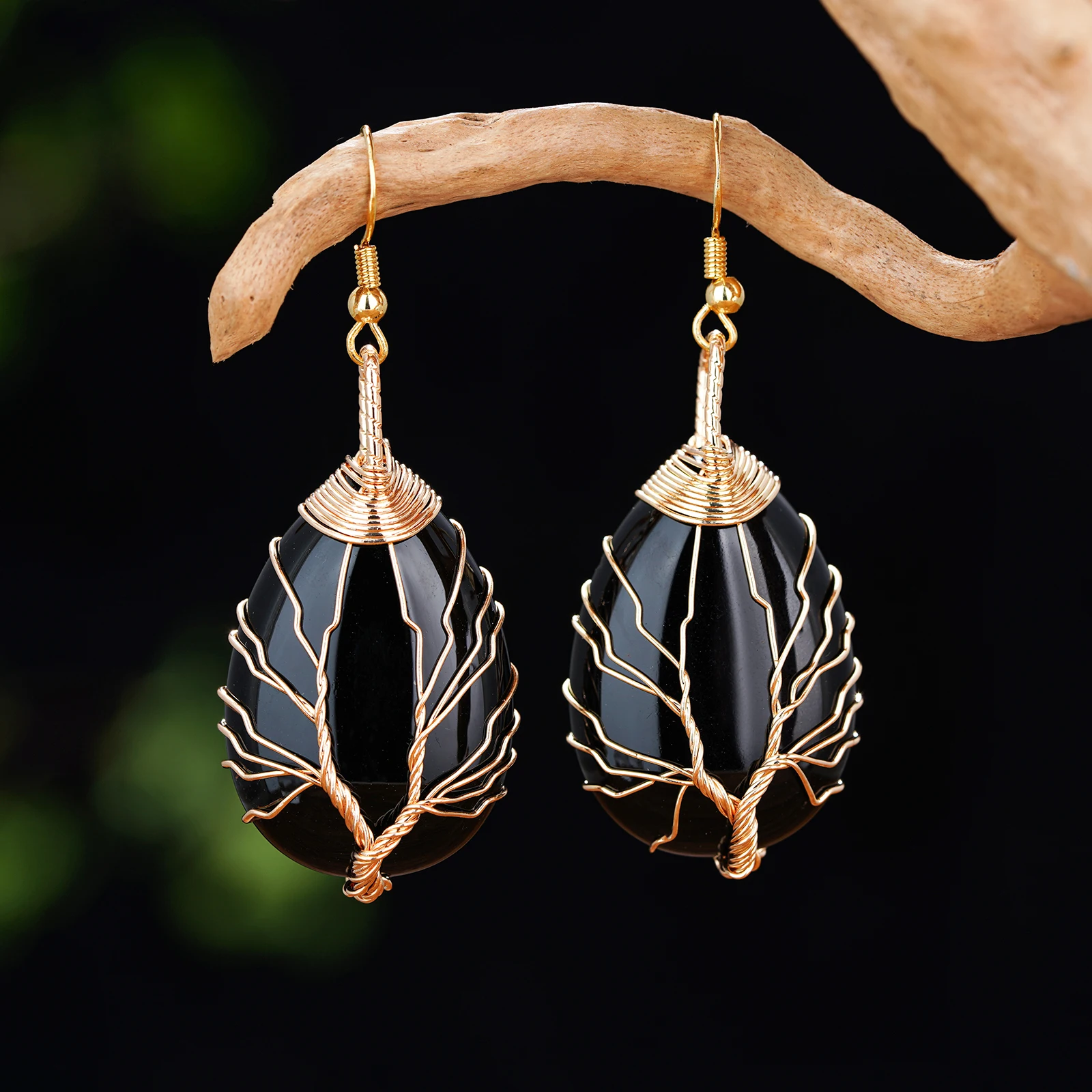 Handmade Teardrop Black Agate Crystal Dangle Earrings for Women, Wire Craft Tree of Life Earrings
