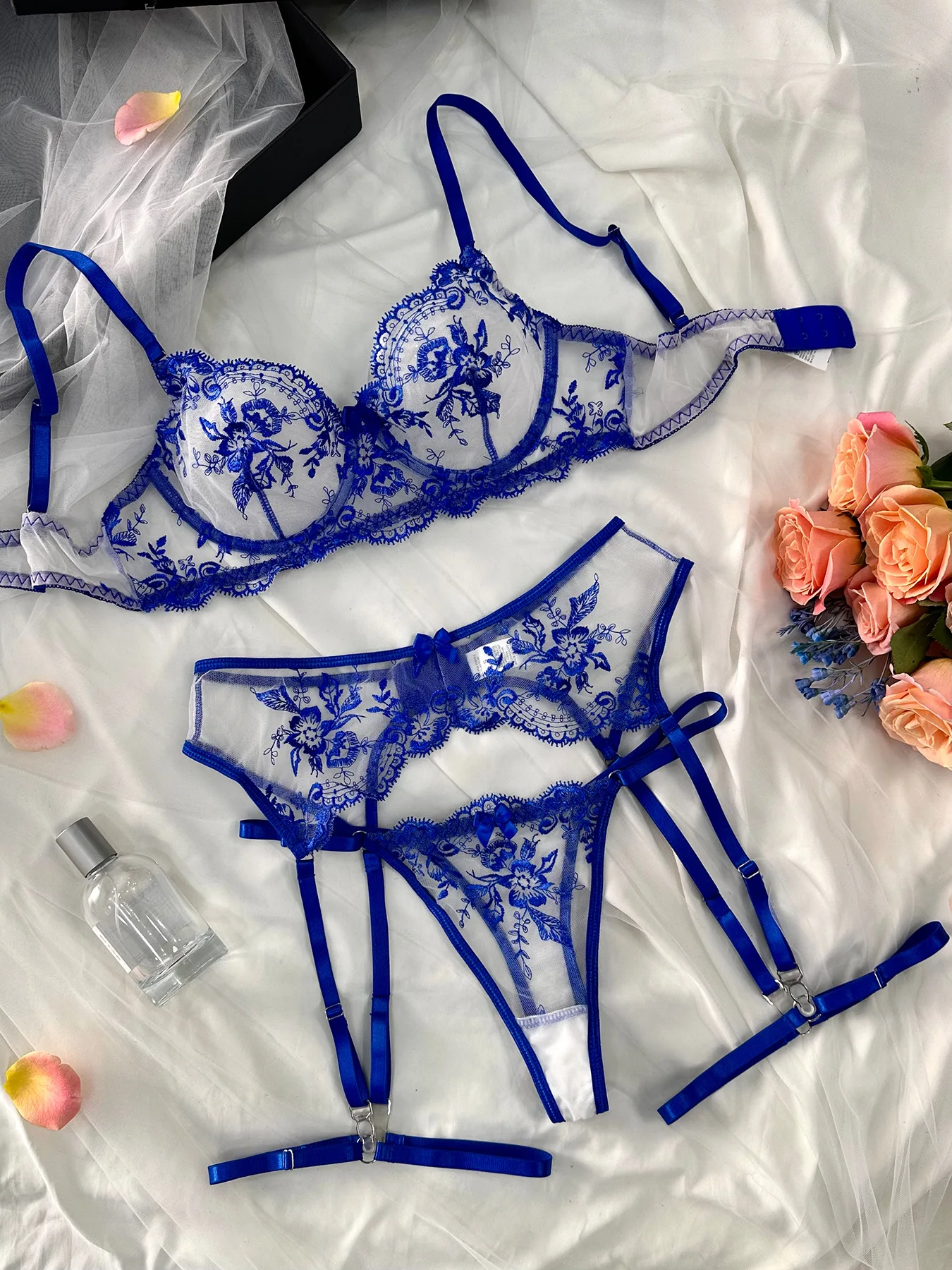 3Pcs Lace Sexy Embroidery Bra Set Girls Women Bralette Transparent Hollow Out Underwear Thong Bras Lingerie Panties Sets
