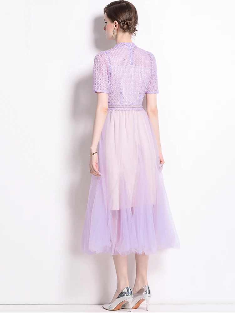 Purple Embroidery Lace Mesh Dresses Spring Women Hollow Out Sheer Long Dress Summer High Waist Round Neck Short Sleeved Dress